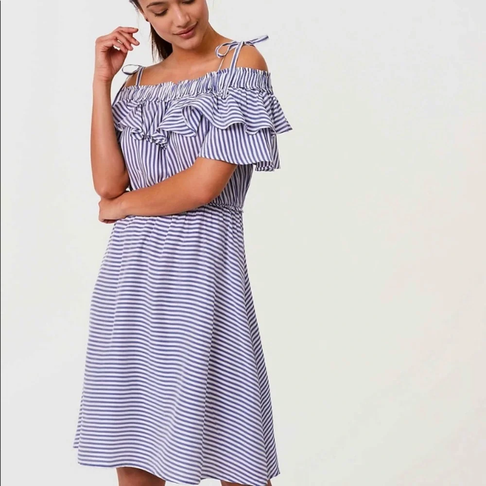 LOFT Striped Off the Shoulder Ruffle Dress